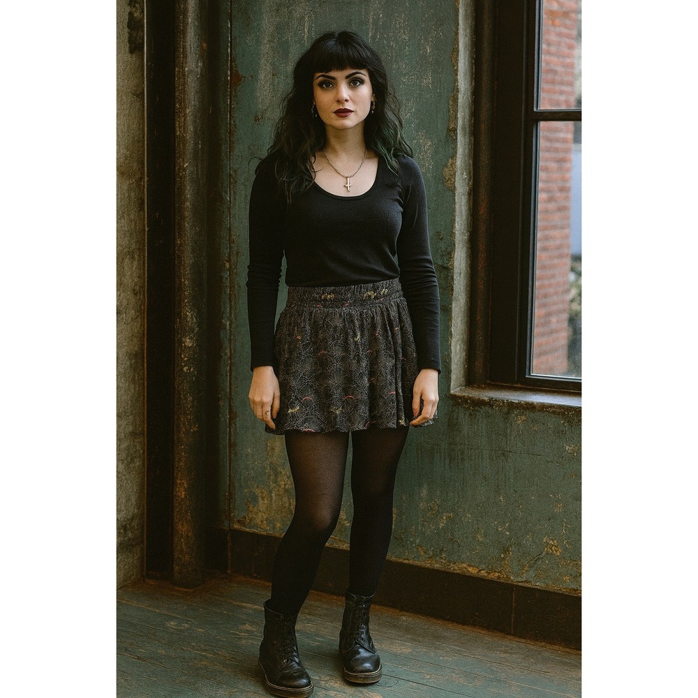 Wet Seal S Whimsigoth Grunge‎ Witchy Dark Fairy Mini Skirt Black Floral Tier Hem